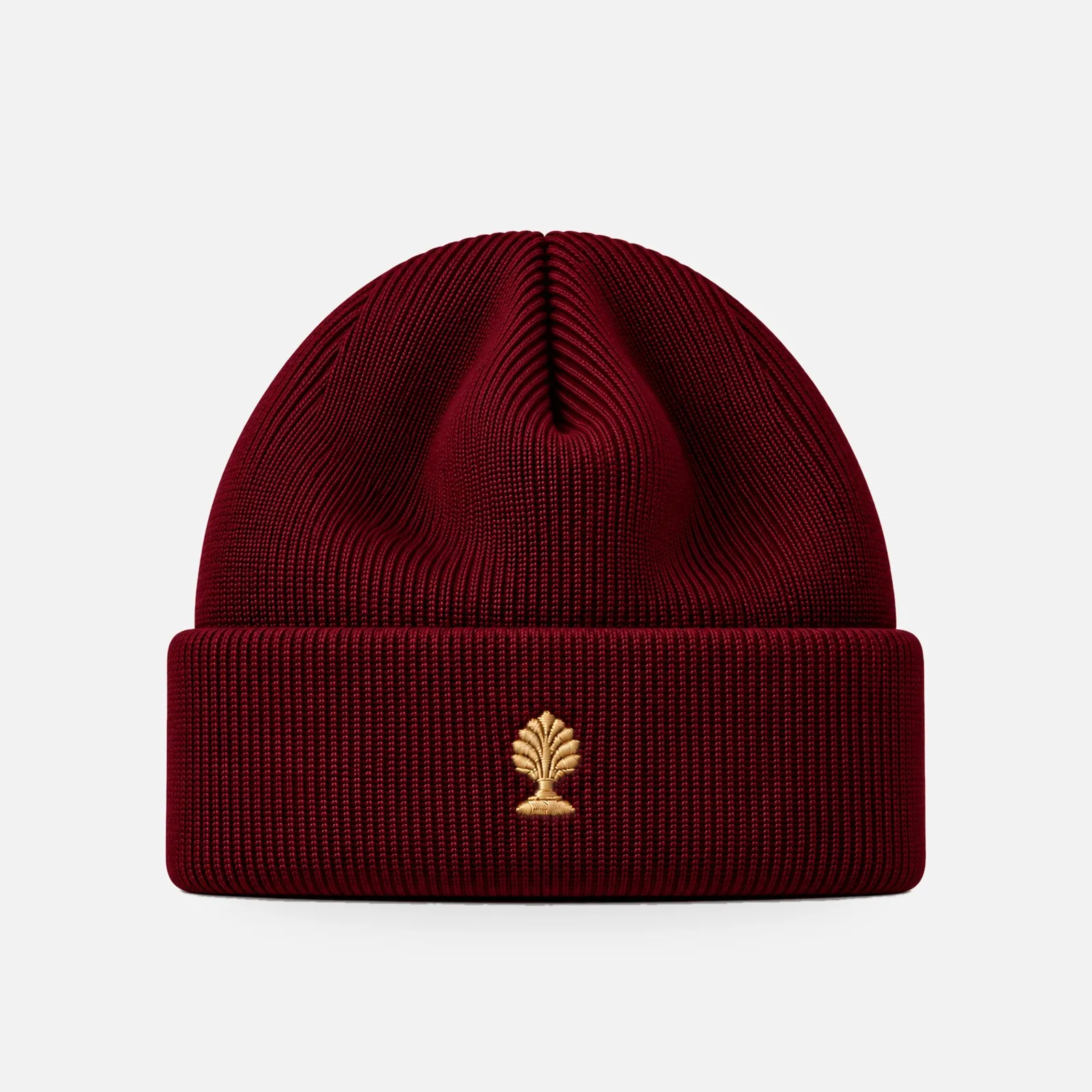 Merino-Beanie in bordeaux mit goldener Pharao-Logo-Applikation
