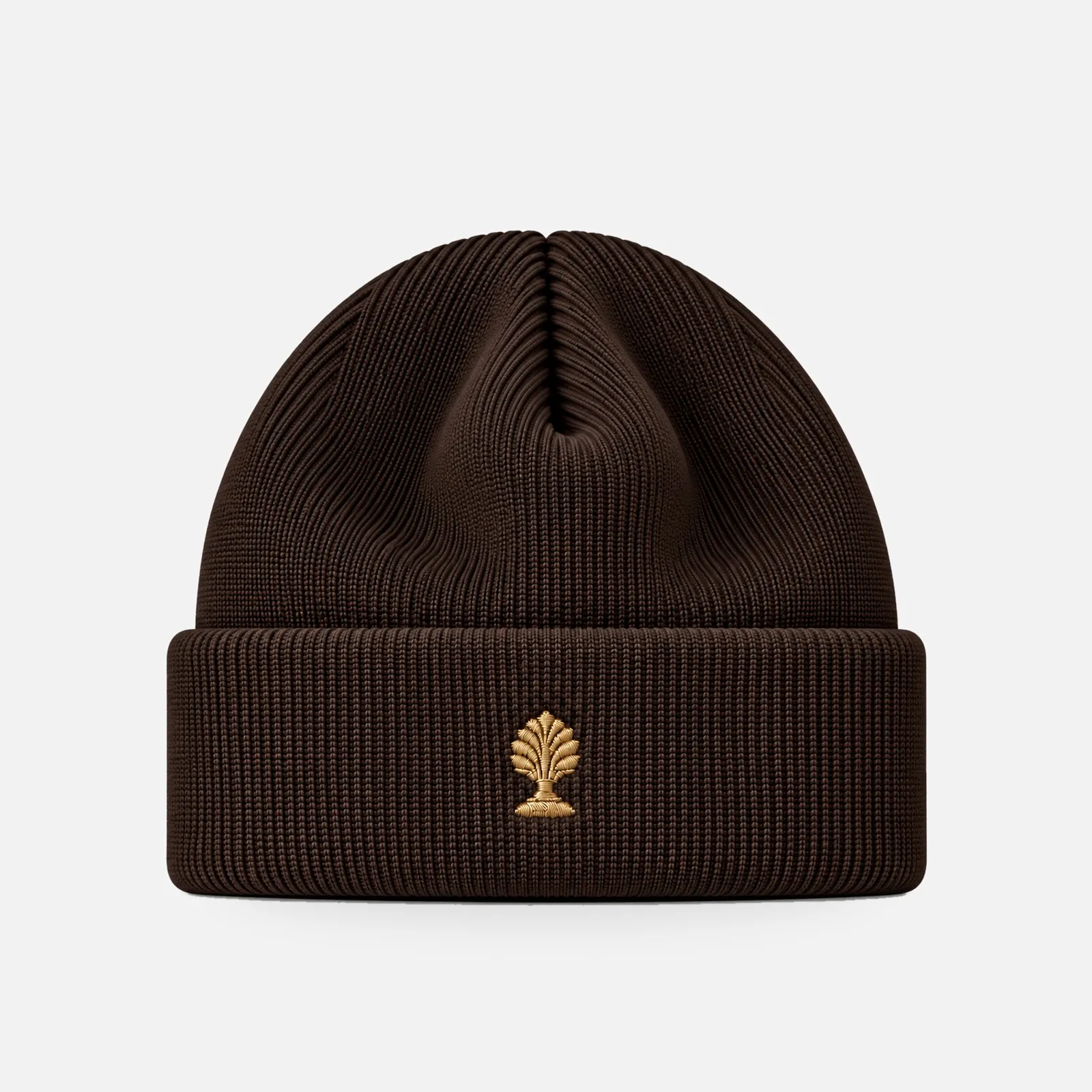 Merino-Beanie in braun mit goldener Pharao-Logo-Applikation