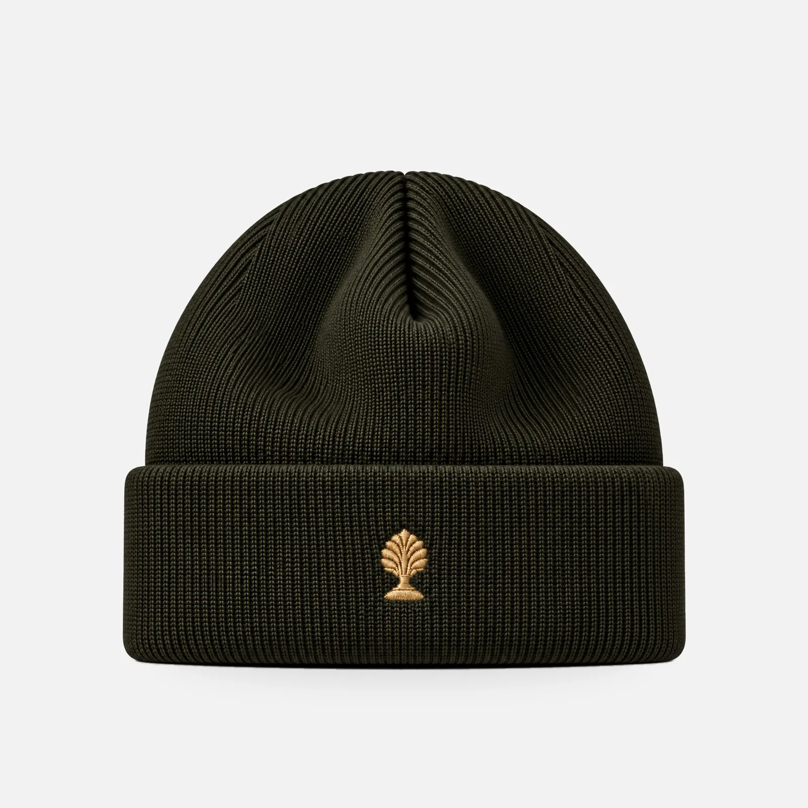 Merino-Beanie in oliv mit goldener Pharao-Logo-Applikation