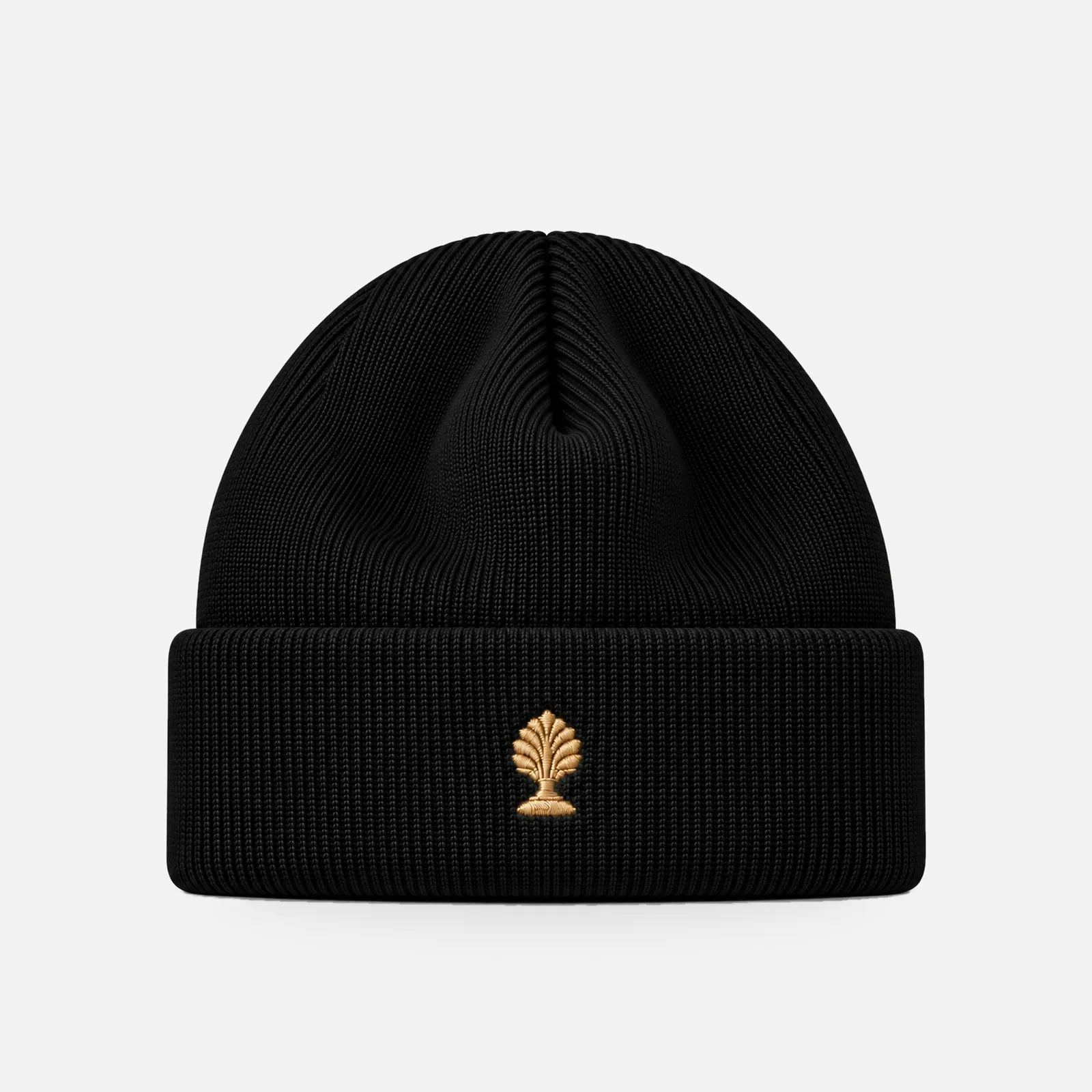 Merino-Beanie in schwarz mit goldener Pharao-Logo-Applikation